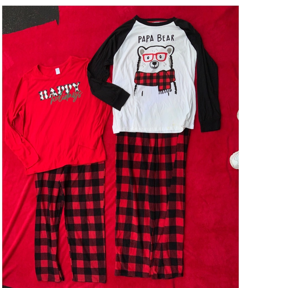 Matching Pajamas Male/Female Large Set Plaid "Papa Bear" "Happy Holidays" Set L
